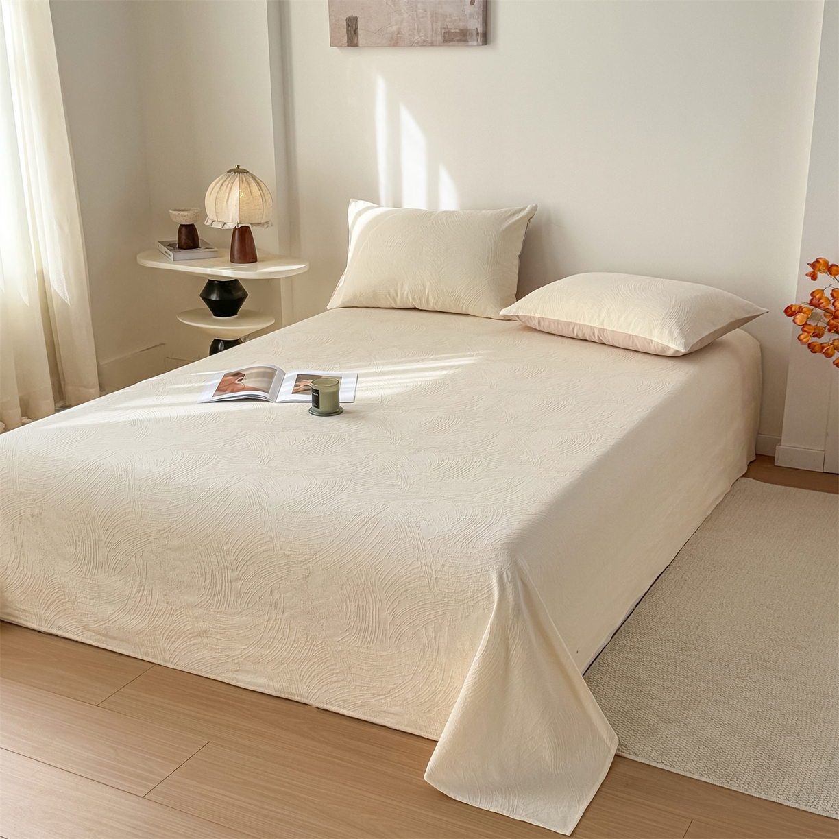 91家纺网 家纺一手货源 找家纺 灰鲸 2026新款全棉纯棉厚织三层水洗色织提花床单单床单床单单件 柔丝漫语-杏仁奶霜