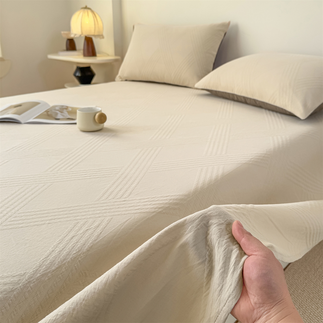 灰鲸 2026新款全棉纯棉厚织三层水洗色织提花床单单床单床单单件 维希-可可奶咖