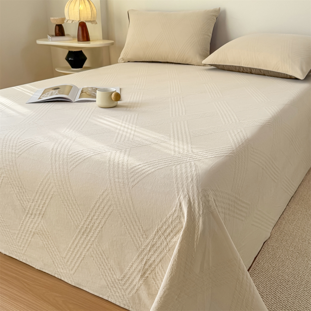 91家纺网 家纺一手货源 找家纺 灰鲸 2026新款全棉纯棉厚织三层水洗色织提花床单单床单床单单件 维希-可可奶咖