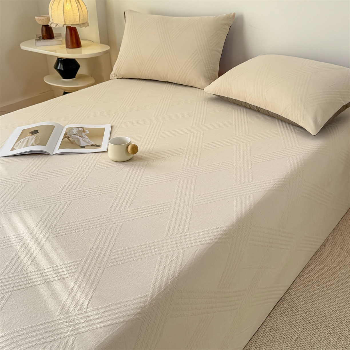 91家纺网 家纺一手货源 找家纺 灰鲸 2026新款全棉纯棉厚织三层水洗色织提花床单单床单床单单件 维希-可可奶咖