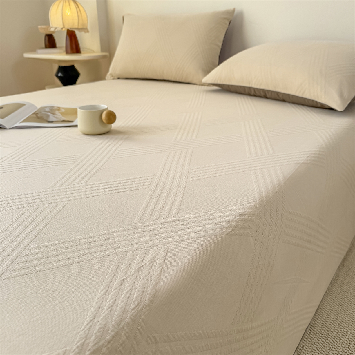 91家纺网 家纺一手货源 找家纺 灰鲸 2026新款全棉纯棉厚织三层水洗色织提花床单单床单床单单件 维希-可可奶咖