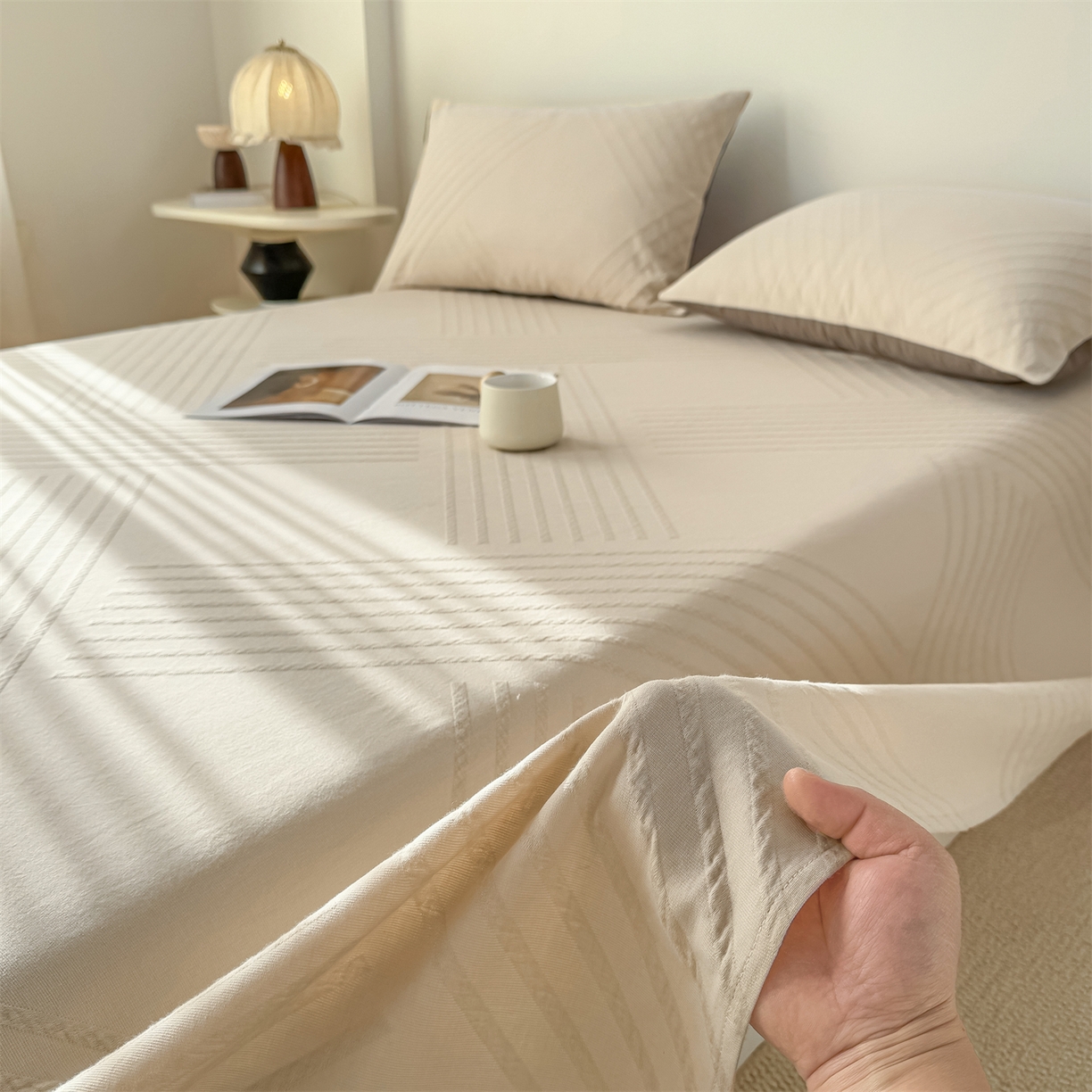 灰鲸 2026新款全棉纯棉厚织三层水洗色织提花床单单床单床单单件 云汐-可可奶咖