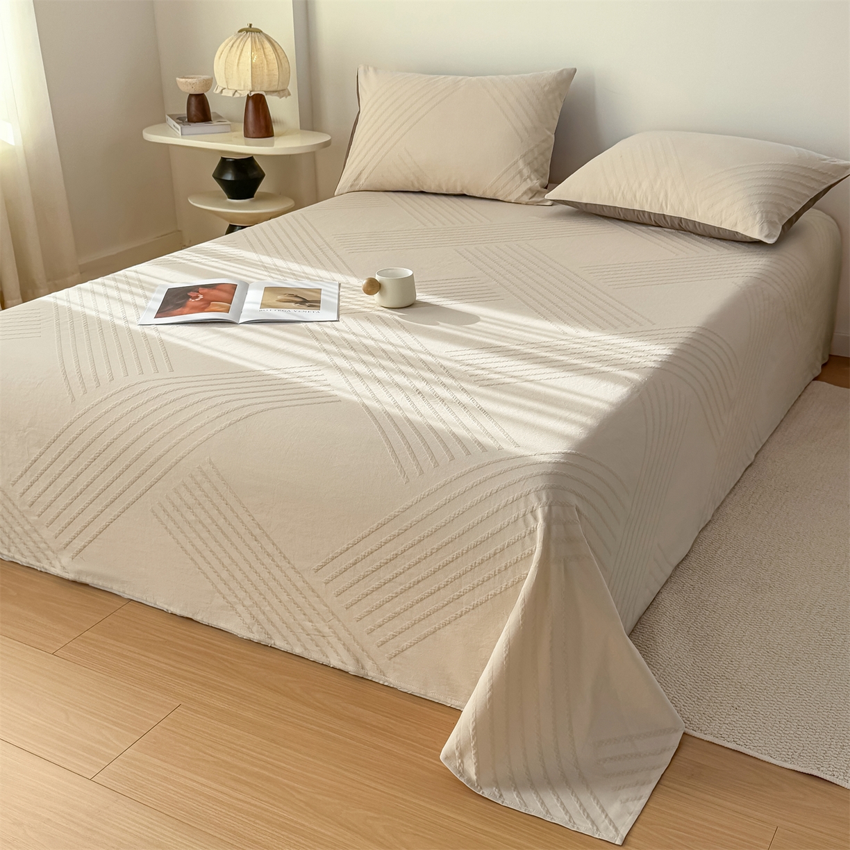 91家纺网 家纺一手货源 找家纺 灰鲸 2026新款全棉纯棉厚织三层水洗色织提花床单单床单床单单件 云汐-可可奶咖