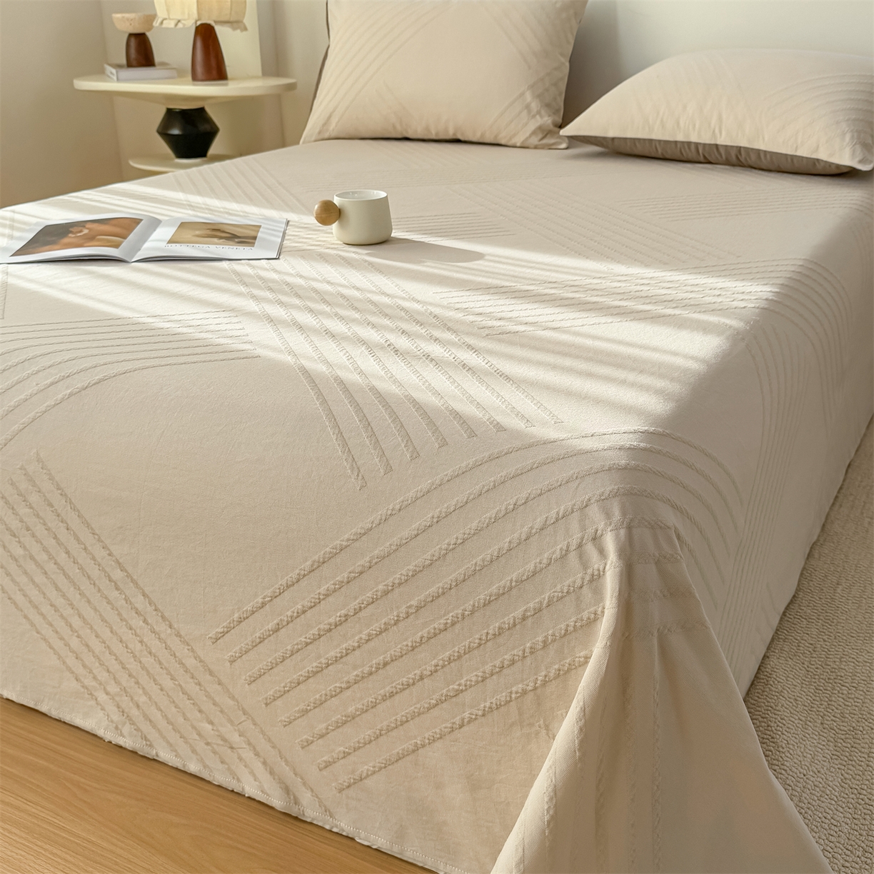 91家纺网 家纺一手货源 找家纺 灰鲸 2026新款全棉纯棉厚织三层水洗色织提花床单单床单床单单件 云汐-可可奶咖