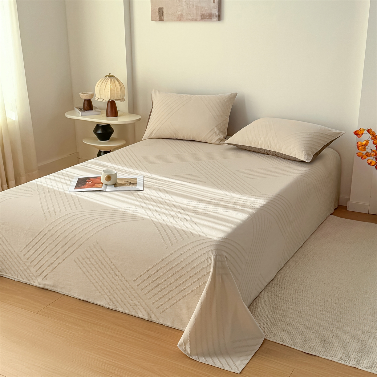 91家纺网 家纺一手货源 找家纺 灰鲸 2026新款全棉纯棉厚织三层水洗色织提花床单单床单床单单件 云汐-可可奶咖