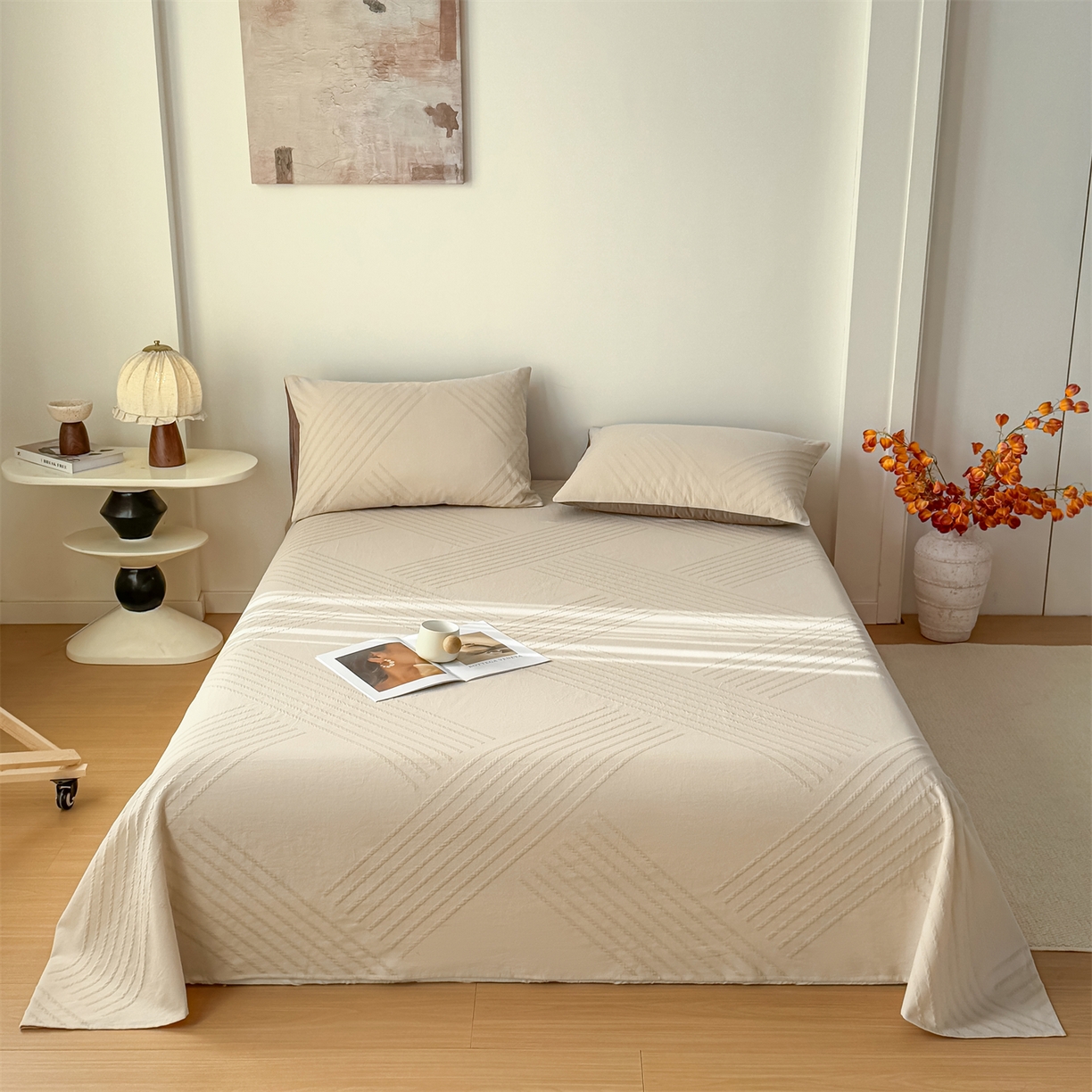 91家纺网 家纺一手货源 找家纺 灰鲸 2026新款全棉纯棉厚织三层水洗色织提花床单单床单床单单件 云汐-可可奶咖