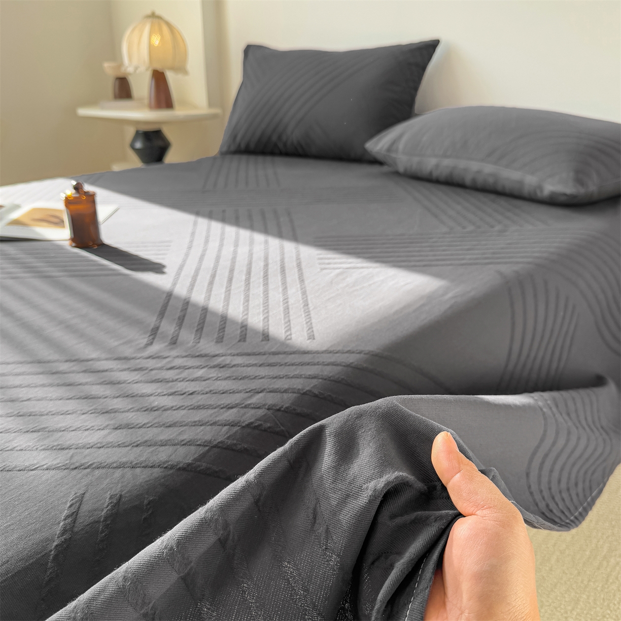 灰鲸 2026新款全棉纯棉厚织三层水洗色织提花床单单床单床单单件 云汐-素墨