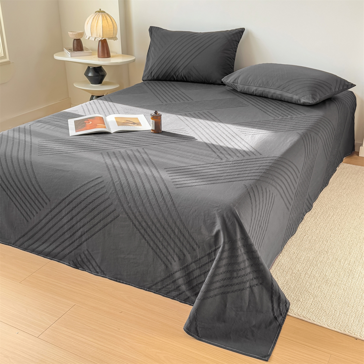 91家纺网 家纺一手货源 找家纺 灰鲸 2026新款全棉纯棉厚织三层水洗色织提花床单单床单床单单件 云汐-素墨