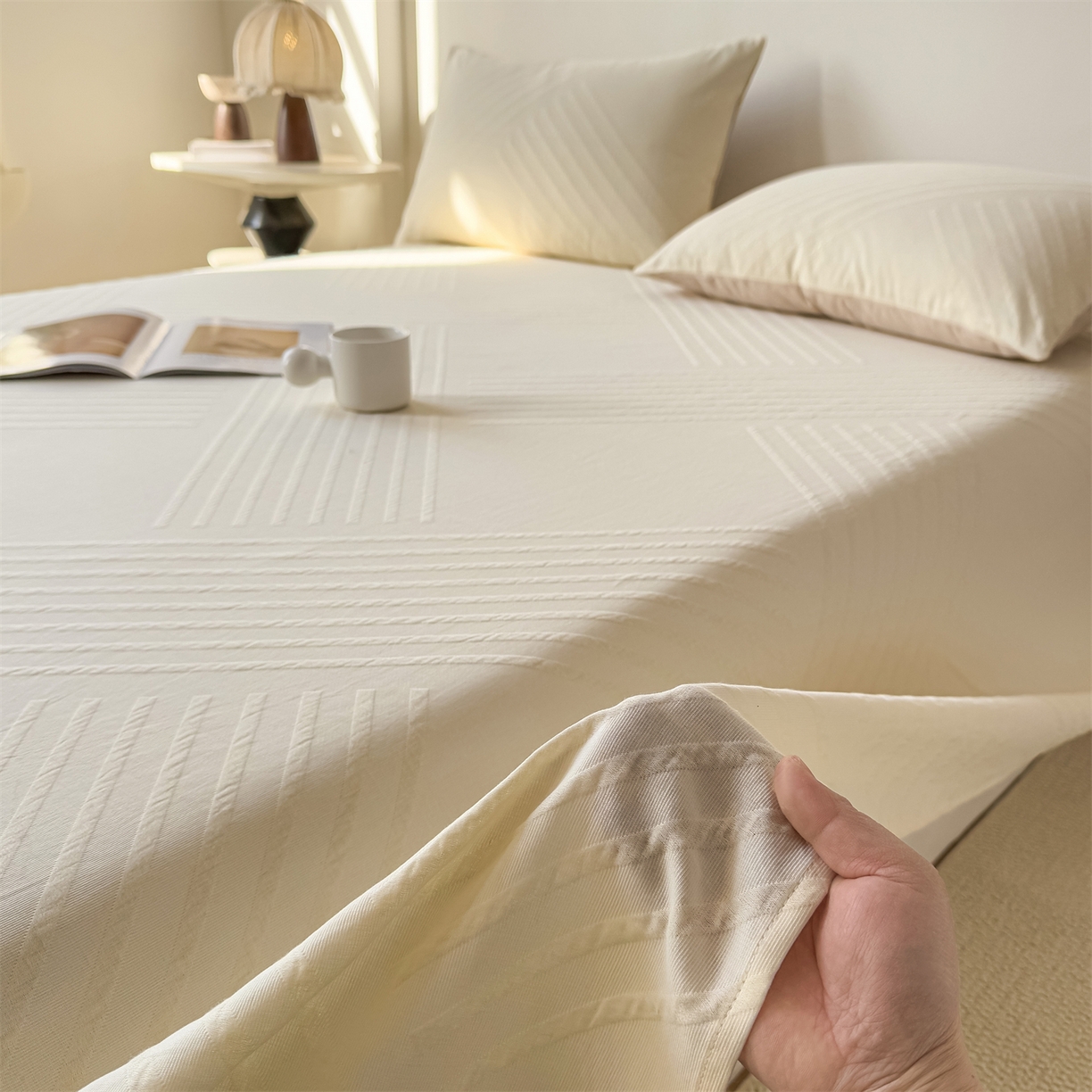 灰鲸 2026新款全棉纯棉厚织三层水洗色织提花床单单床单床单单件 云汐-杏仁奶霜