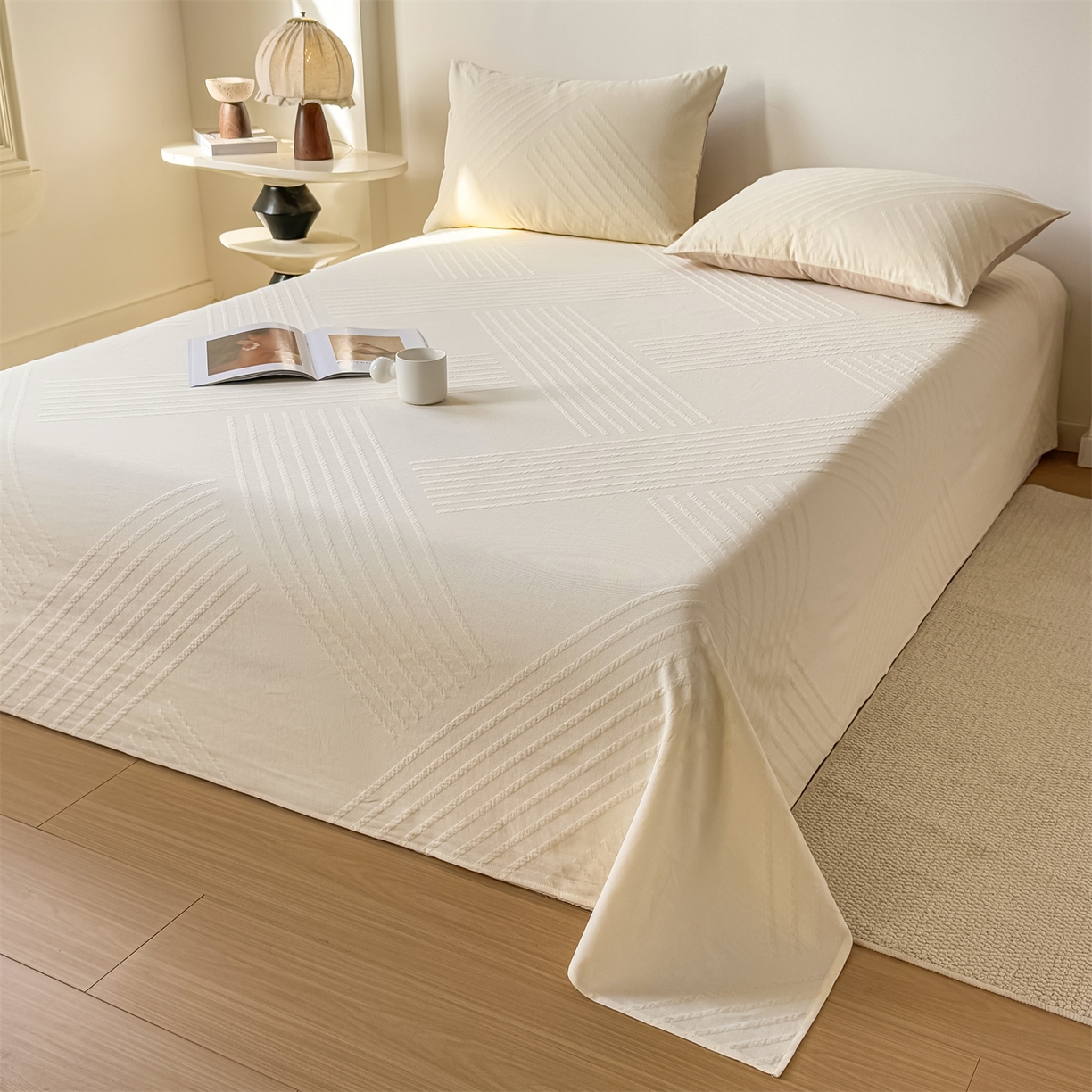 91家纺网 家纺一手货源 找家纺 灰鲸 2026新款全棉纯棉厚织三层水洗色织提花床单单床单床单单件 云汐-杏仁奶霜