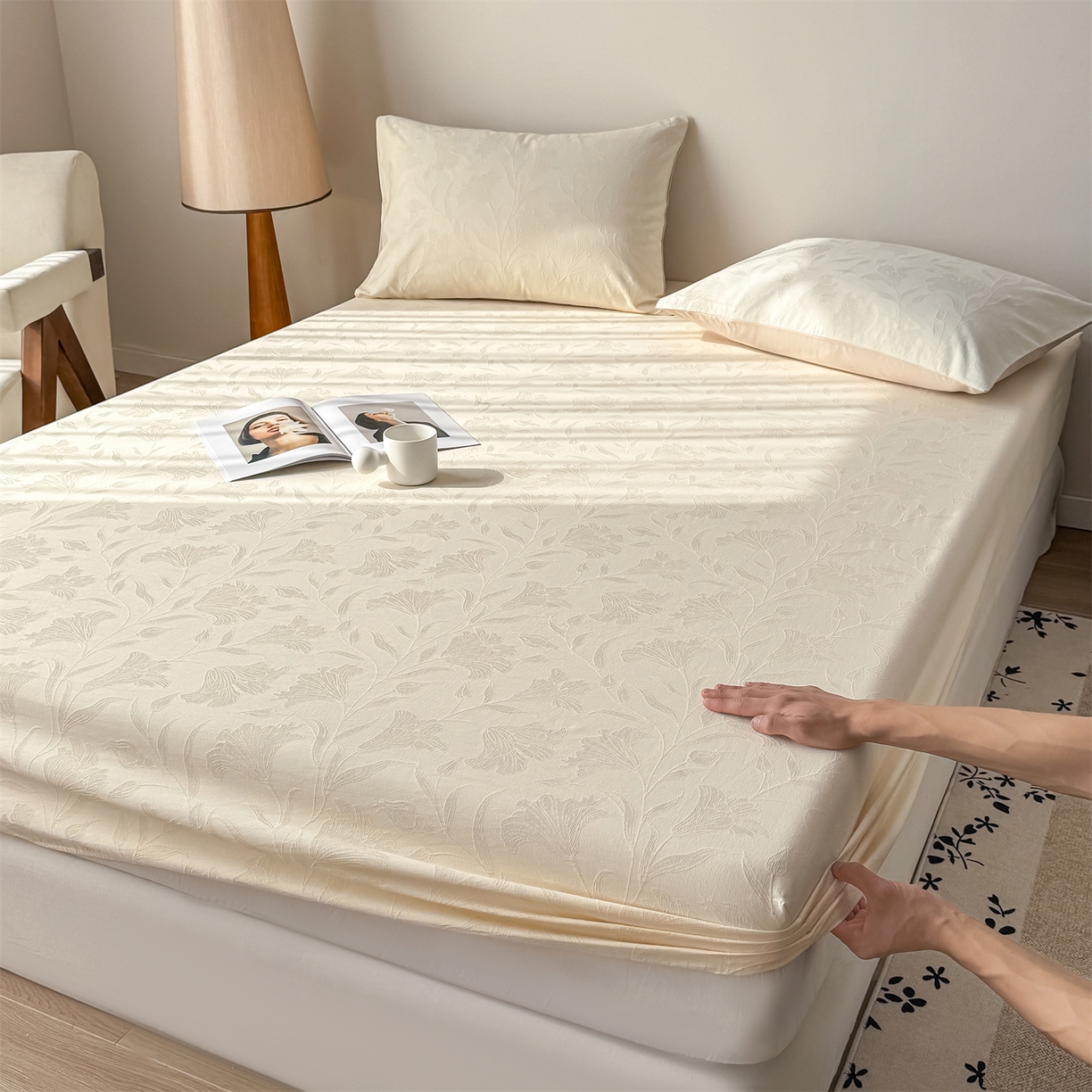 91家纺网 家纺一手货源 找家纺 灰鲸 2025新款A类全棉纯棉色织提花四件套 素瑾-咖