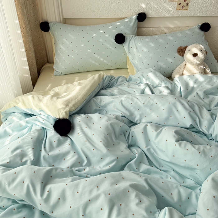 91家纺网 家纺一手货源 找家纺 （总）雨帆家纺 2026春夏新款时尚印花水洗棉波点毛球四件套