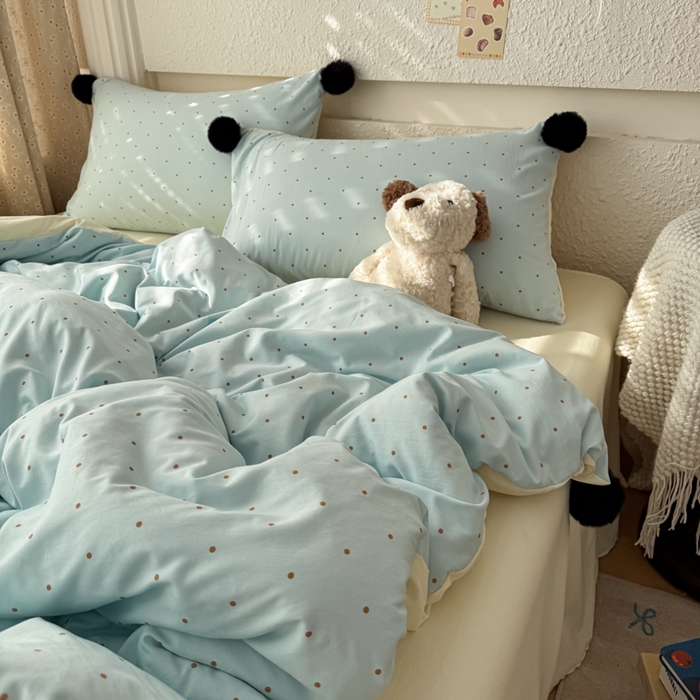 91家纺网 家纺一手货源 找家纺 （总）雨帆家纺 2026春夏新款时尚印花水洗棉波点毛球四件套