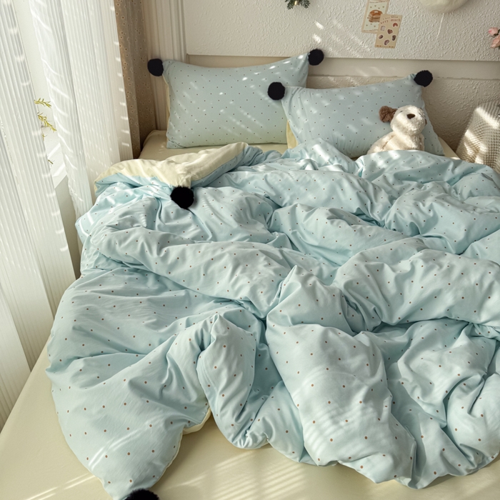 91家纺网 家纺一手货源 找家纺 （总）雨帆家纺 2026春夏新款时尚印花水洗棉波点毛球四件套