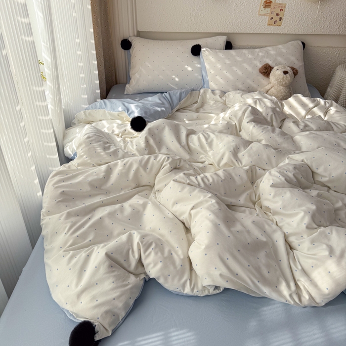 雨帆家纺 2026春夏新款时尚印花水洗棉波点毛球四件套 奶白波点