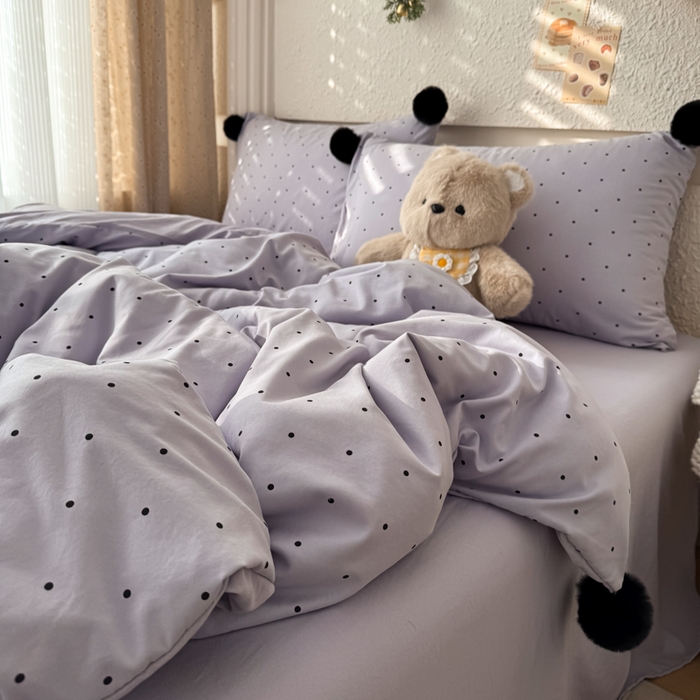 91家纺网 家纺一手货源 找家纺 雨帆家纺 2026春夏新款时尚印花水洗棉波点毛球四件套 紫波点