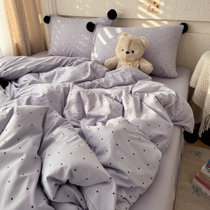 91家纺网 家纺一手货源 找家纺 雨帆家纺 2026春夏新款时尚印花水洗棉波点毛球四件套 紫波点