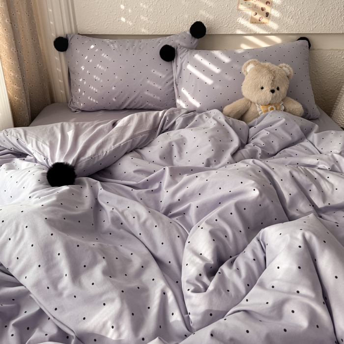 91家纺网 家纺一手货源 找家纺 雨帆家纺 2026春夏新款时尚印花水洗棉波点毛球四件套 紫波点