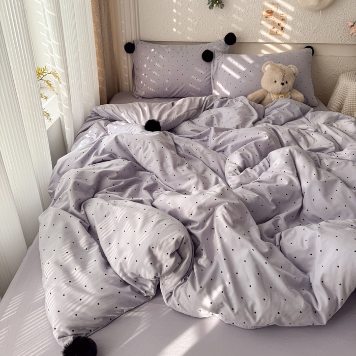 雨帆家纺 2026春夏新款时尚印花水洗棉波点毛球四件套 紫波点