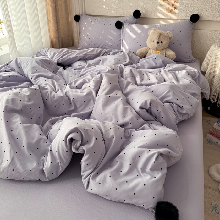 91家纺网 家纺一手货源 找家纺 雨帆家纺 2026春夏新款时尚印花水洗棉波点毛球四件套 紫波点