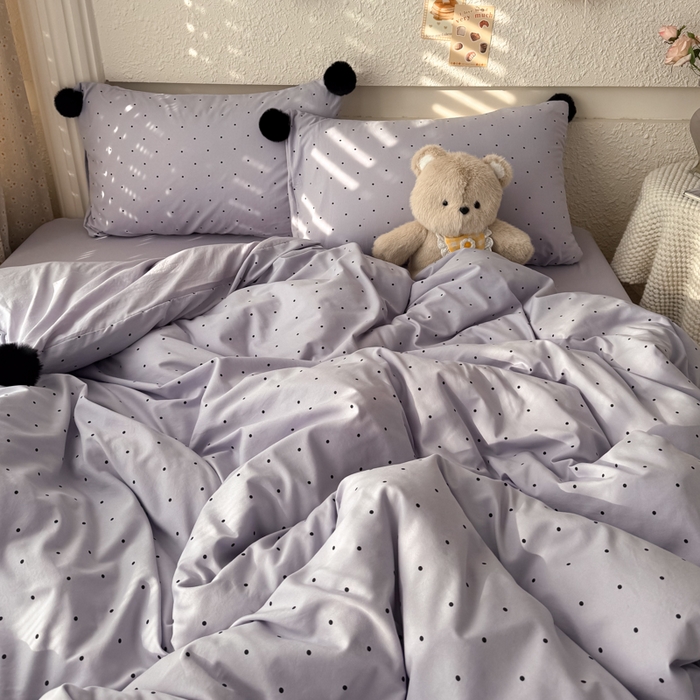 91家纺网 家纺一手货源 找家纺 雨帆家纺 2026春夏新款时尚印花水洗棉波点毛球四件套 紫波点