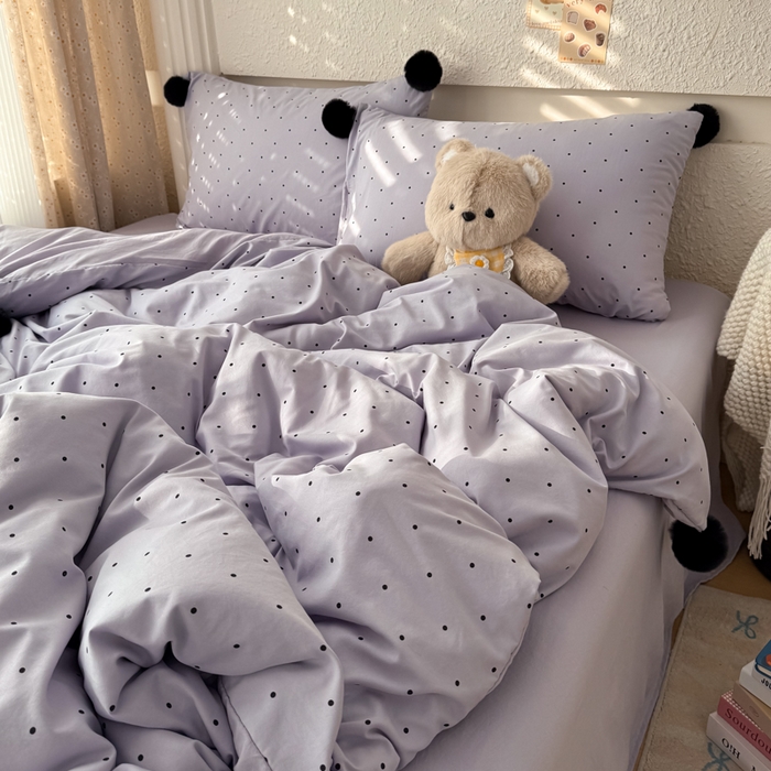 91家纺网 家纺一手货源 找家纺 雨帆家纺 2026春夏新款时尚印花水洗棉波点毛球四件套 紫波点