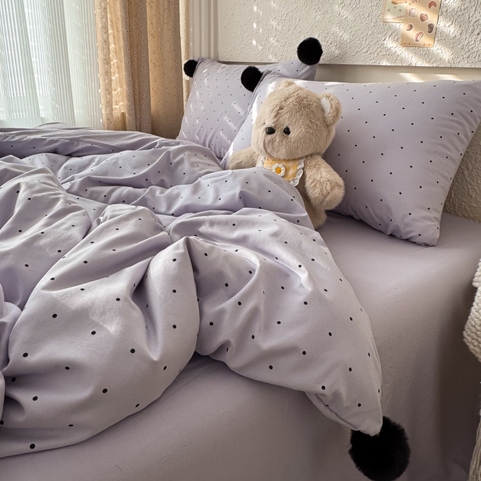 91家纺网 家纺一手货源 找家纺 雨帆家纺 2026春夏新款时尚印花水洗棉波点毛球四件套 紫波点