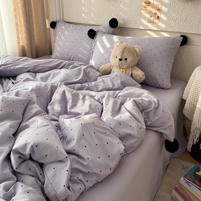 91家纺网 家纺一手货源 找家纺 雨帆家纺 2026春夏新款时尚印花水洗棉波点毛球四件套 紫波点