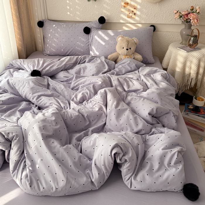 91家纺网 家纺一手货源 找家纺 雨帆家纺 2026春夏新款时尚印花水洗棉波点毛球四件套 紫波点