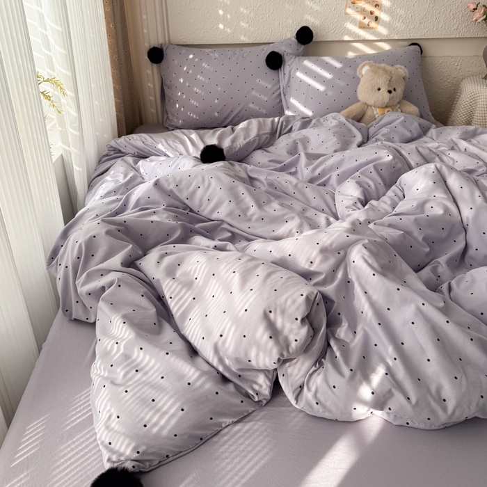 91家纺网 家纺一手货源 找家纺 雨帆家纺 2026春夏新款时尚印花水洗棉波点毛球四件套 紫波点