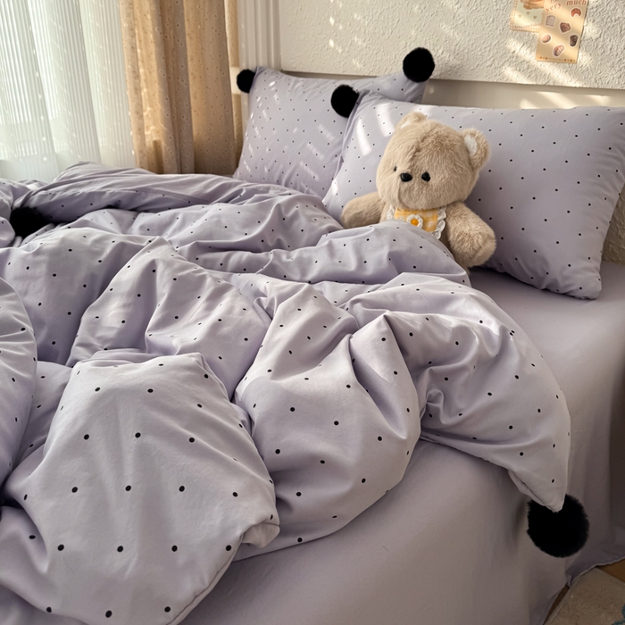 91家纺网 家纺一手货源 找家纺 雨帆家纺 2026春夏新款时尚印花水洗棉波点毛球四件套 紫波点