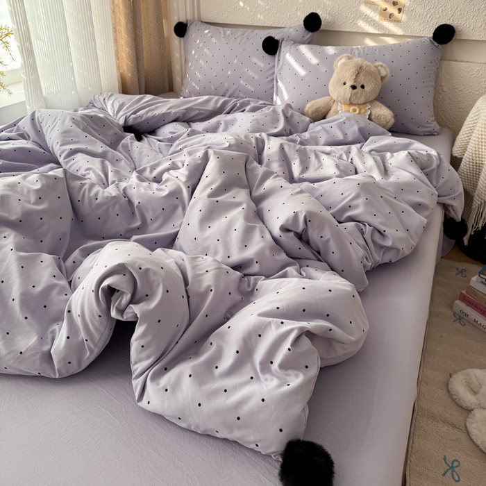 91家纺网 家纺一手货源 找家纺 雨帆家纺 2026春夏新款时尚印花水洗棉波点毛球四件套 紫波点