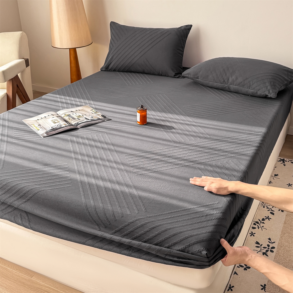 91家纺网 家纺一手货源 找家纺 （总）灰鲸 2026新款全棉纯棉厚织三层水洗色织提花床笠单品床笠床笠单件