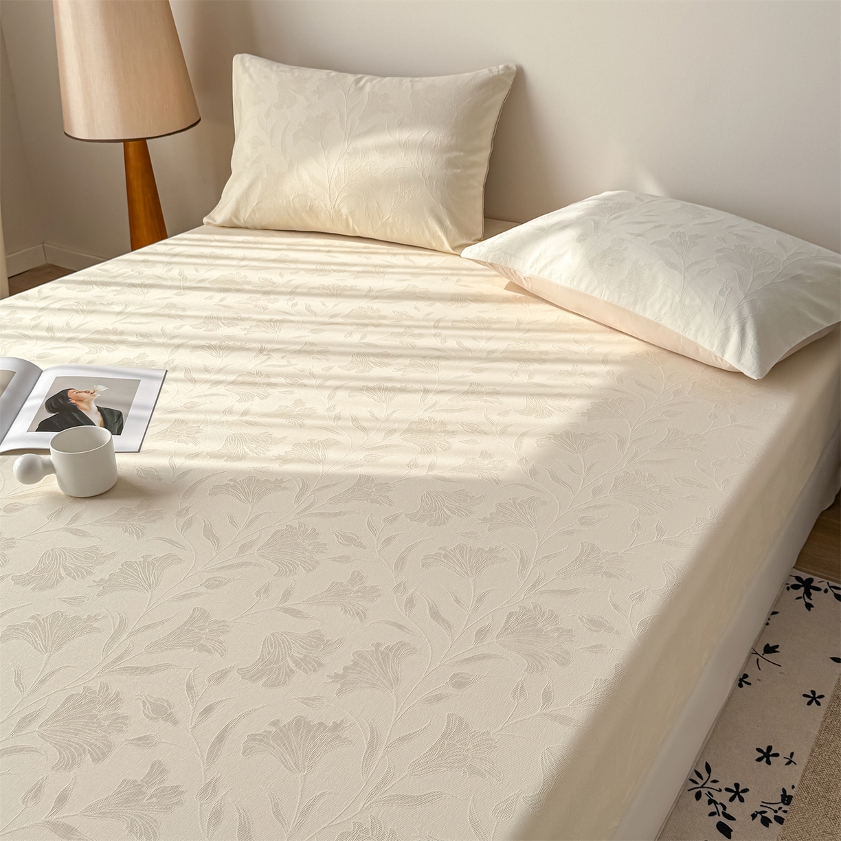 91家纺网 家纺一手货源 找家纺 灰鲸 2026新款全棉纯棉厚织三层水洗色织提花床笠单品床笠床笠单件 芳菲-杏仁奶霜