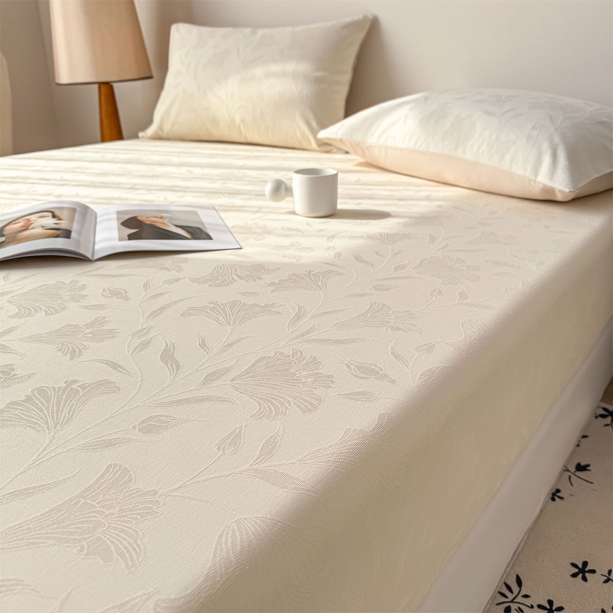 91家纺网 家纺一手货源 找家纺 灰鲸 2026新款全棉纯棉厚织三层水洗色织提花床笠单品床笠床笠单件 芳菲-杏仁奶霜