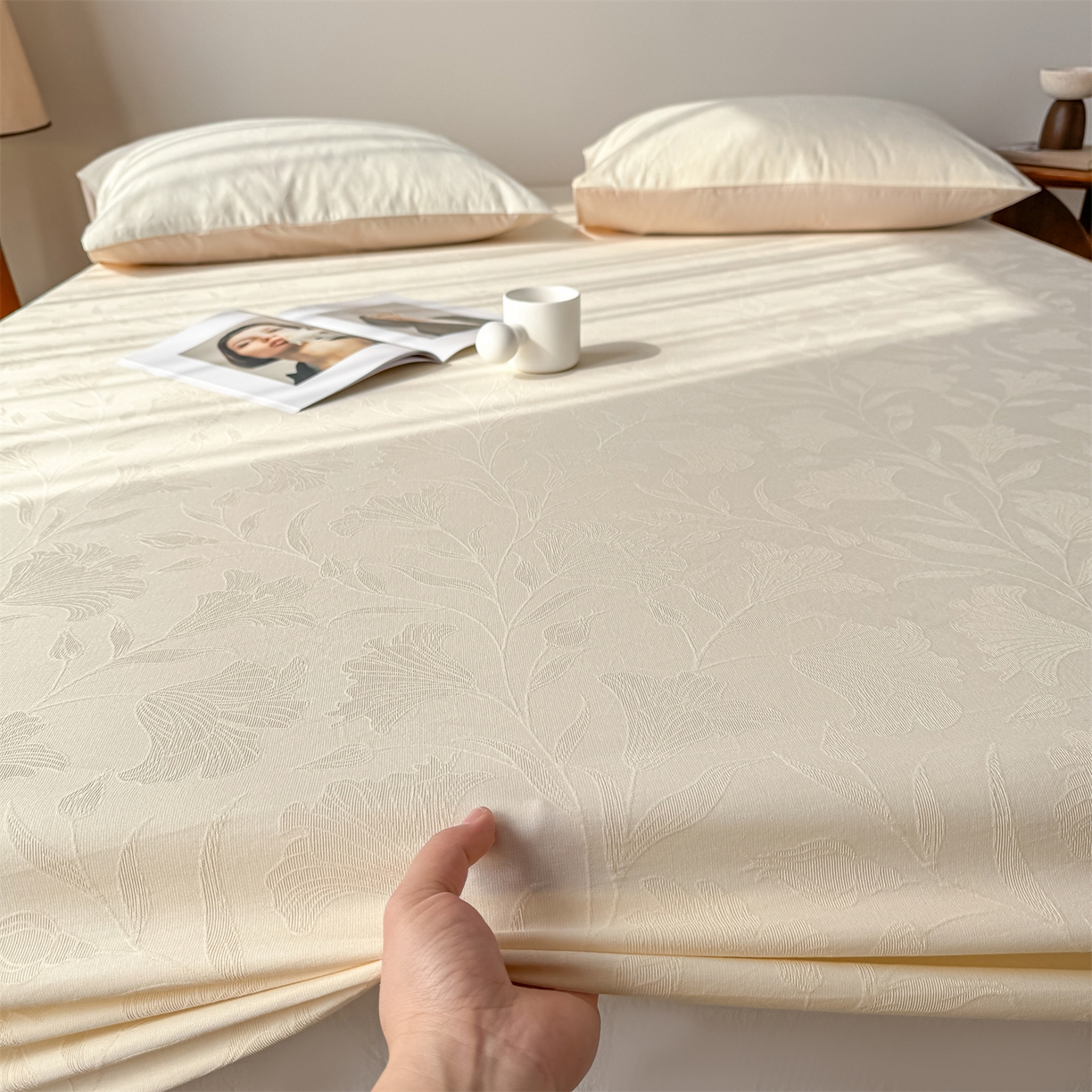 91家纺网 家纺一手货源 找家纺 灰鲸 2026新款全棉纯棉厚织三层水洗色织提花床笠单品床笠床笠单件 芳菲-杏仁奶霜