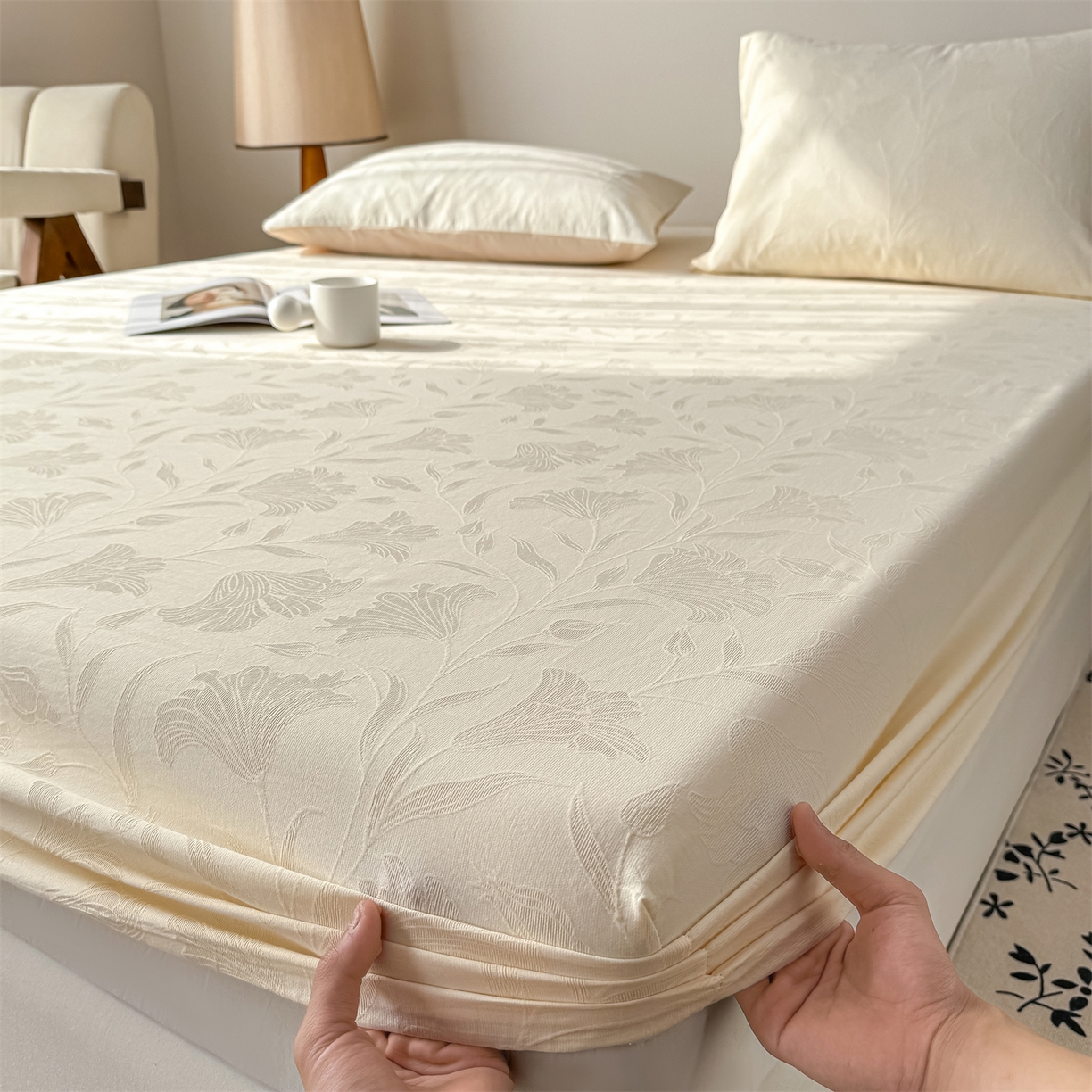 91家纺网 家纺一手货源 找家纺 灰鲸 2026新款全棉纯棉厚织三层水洗色织提花床笠单品床笠床笠单件 芳菲-杏仁奶霜