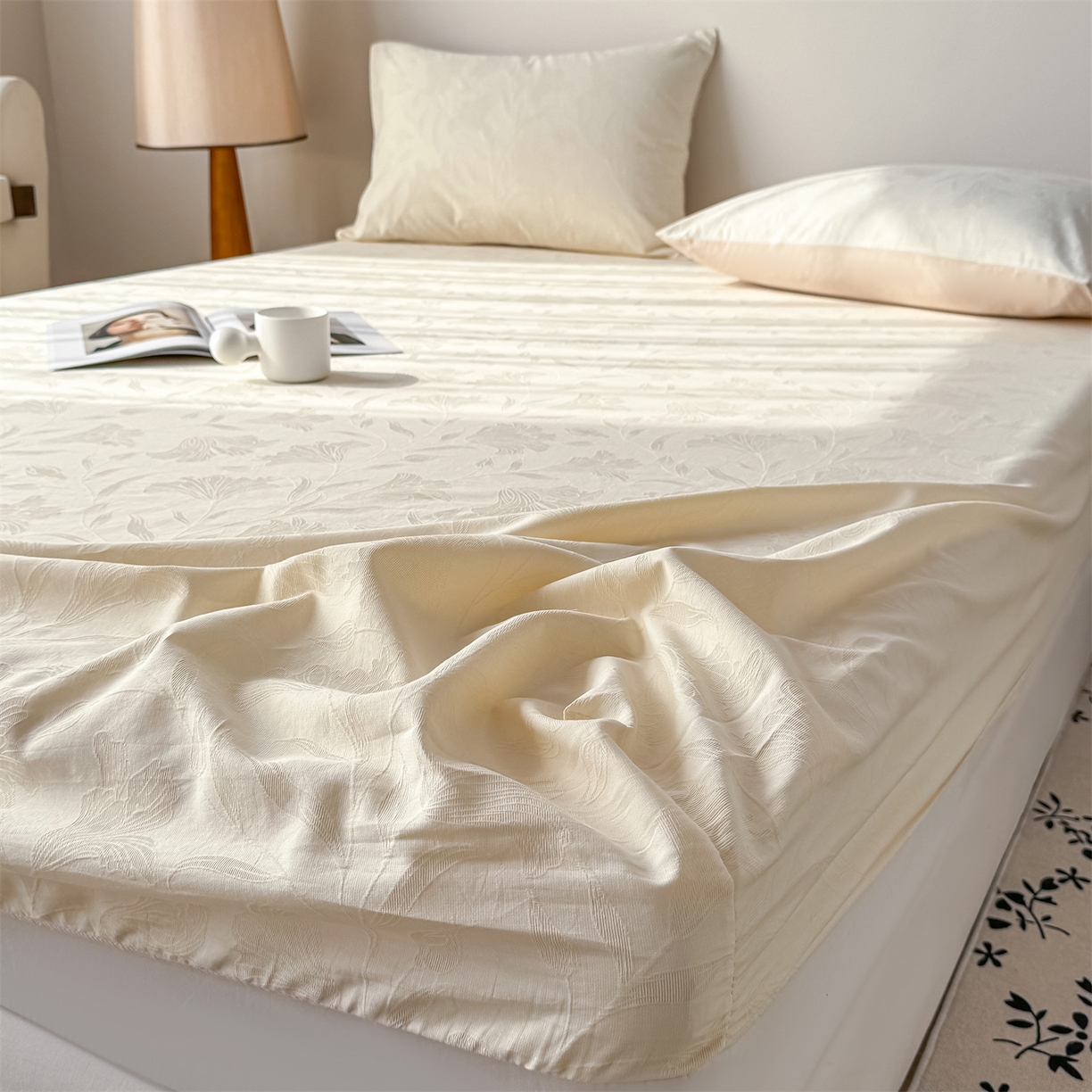 91家纺网 家纺一手货源 找家纺 灰鲸 2026新款全棉纯棉厚织三层水洗色织提花床笠单品床笠床笠单件 芳菲-杏仁奶霜