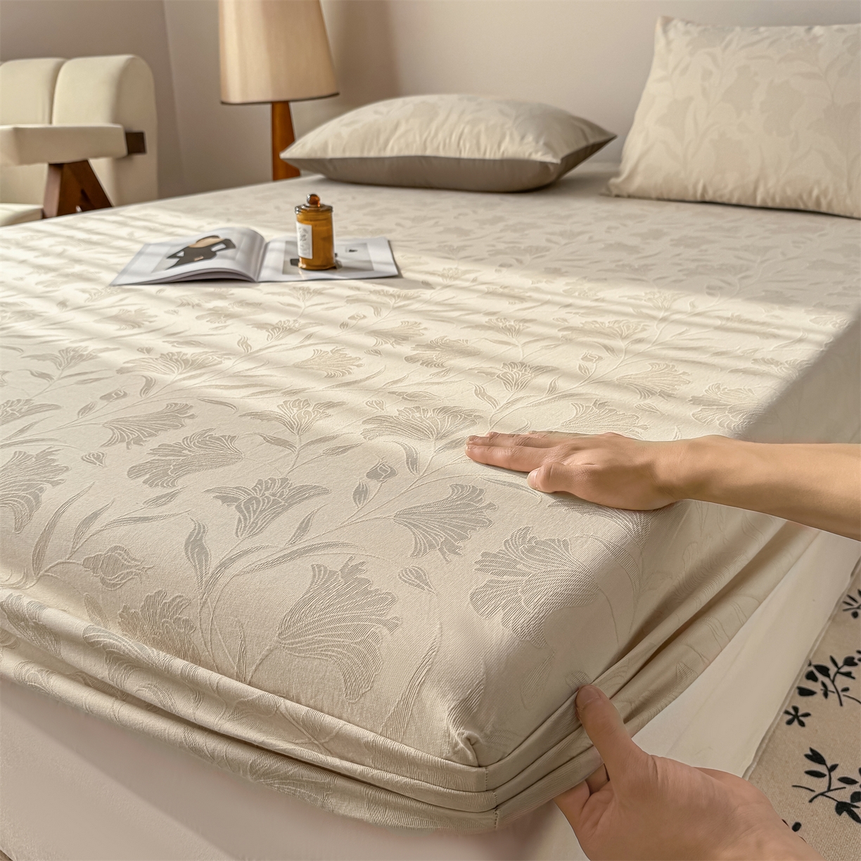 91家纺网 家纺一手货源 找家纺 灰鲸 2026新款全棉纯棉厚织三层水洗色织提花床笠单品床笠床笠单件 芳菲-可可奶咖