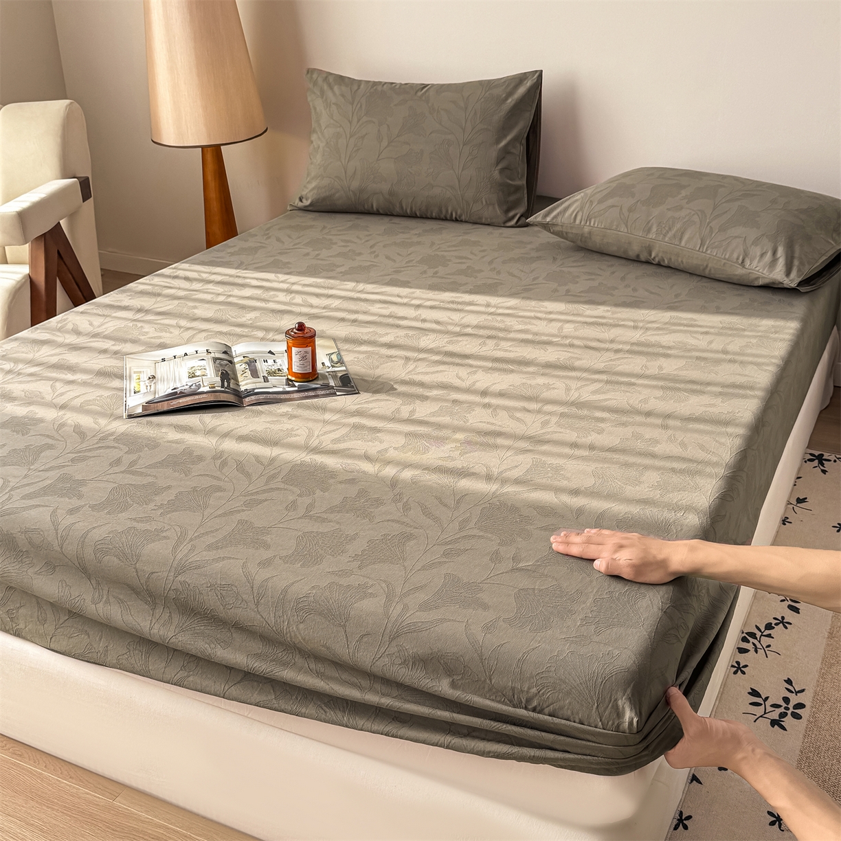 灰鲸 2026新款全棉纯棉厚织三层水洗色织提花床笠单品床笠床笠单件 芳菲-摩卡