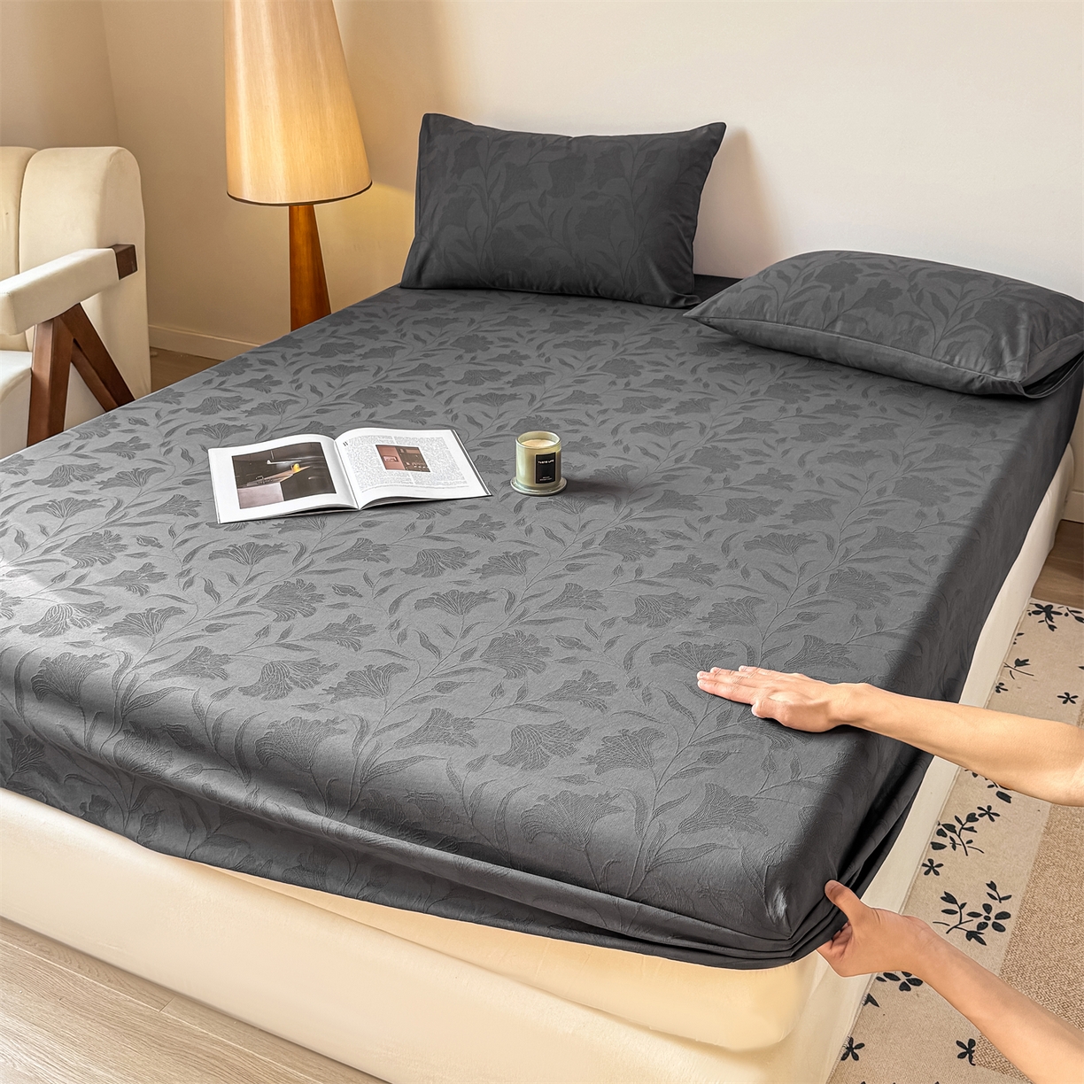 灰鲸 2026新款全棉纯棉厚织三层水洗色织提花床笠单品床笠床笠单件 芳菲-素墨