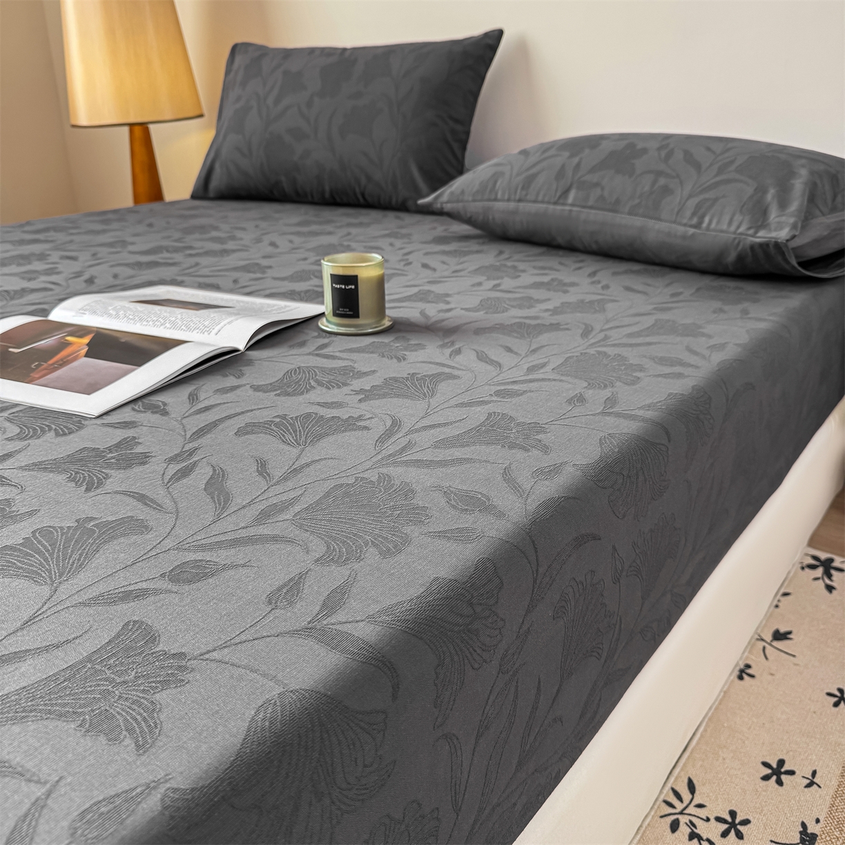 91家纺网 家纺一手货源 找家纺 灰鲸 2026新款全棉纯棉厚织三层水洗色织提花床笠单品床笠床笠单件 芳菲-素墨