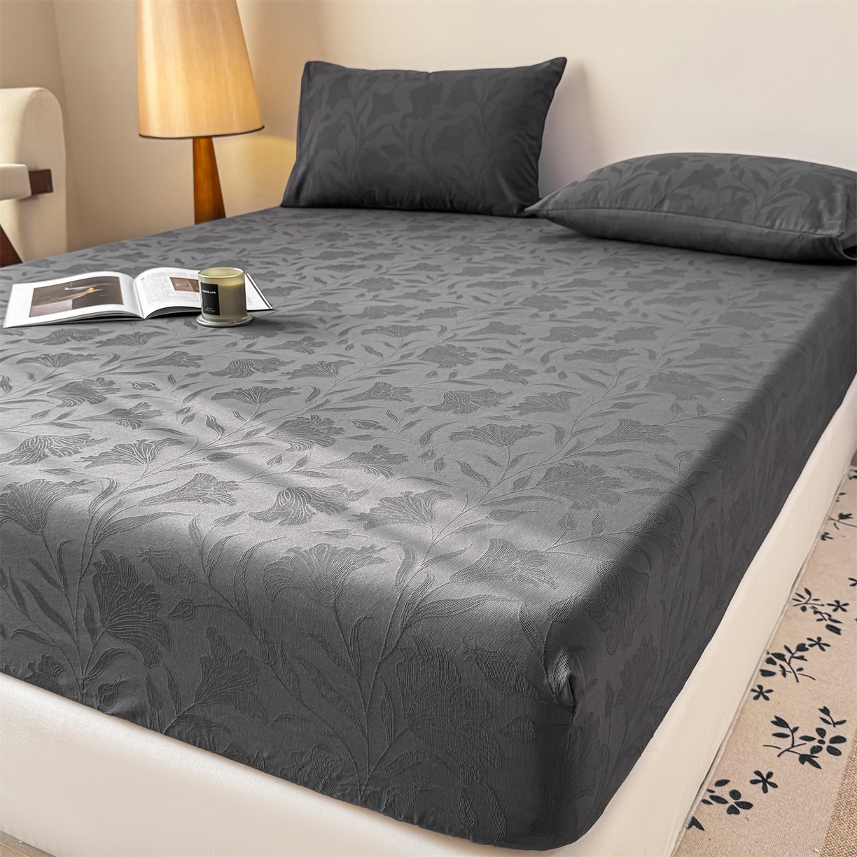 91家纺网 家纺一手货源 找家纺 灰鲸 2026新款全棉纯棉厚织三层水洗色织提花床笠单品床笠床笠单件 芳菲-素墨