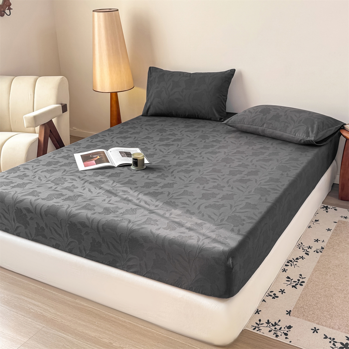 91家纺网 家纺一手货源 找家纺 灰鲸 2026新款全棉纯棉厚织三层水洗色织提花床笠单品床笠床笠单件 芳菲-素墨