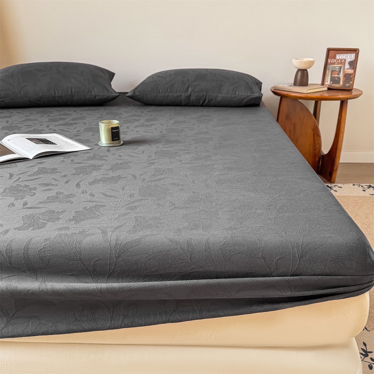 91家纺网 家纺一手货源 找家纺 灰鲸 2026新款全棉纯棉厚织三层水洗色织提花床笠单品床笠床笠单件 芳菲-素墨