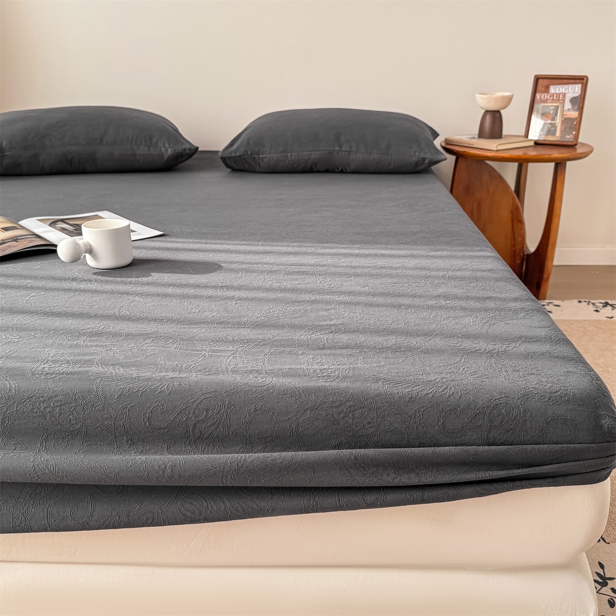 91家纺网 家纺一手货源 找家纺 灰鲸 2026新款全棉纯棉厚织三层水洗色织提花床笠单品床笠床笠单件 罗格西亚-素墨