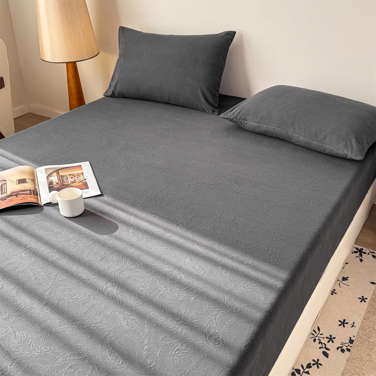 91家纺网 家纺一手货源 找家纺 灰鲸 2026新款全棉纯棉厚织三层水洗色织提花床笠单品床笠床笠单件 罗格西亚-素墨