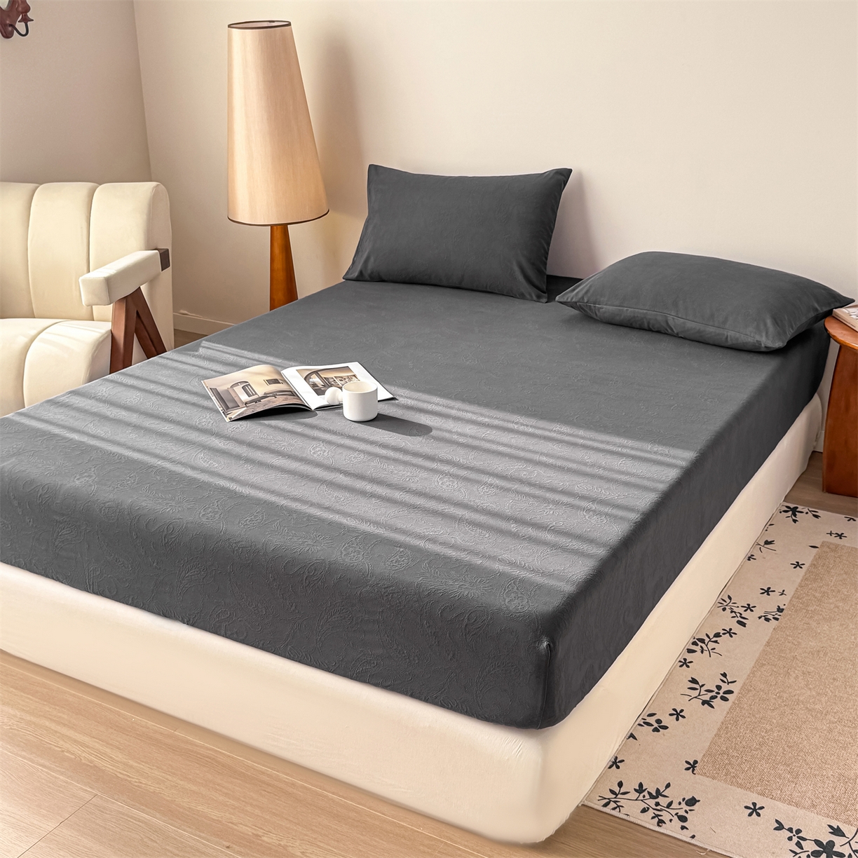 91家纺网 家纺一手货源 找家纺 灰鲸 2026新款全棉纯棉厚织三层水洗色织提花床笠单品床笠床笠单件 罗格西亚-素墨