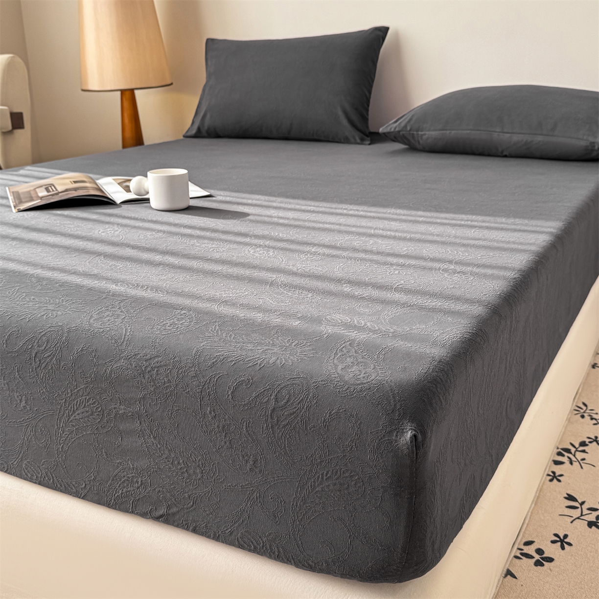91家纺网 家纺一手货源 找家纺 灰鲸 2026新款全棉纯棉厚织三层水洗色织提花床笠单品床笠床笠单件 罗格西亚-素墨