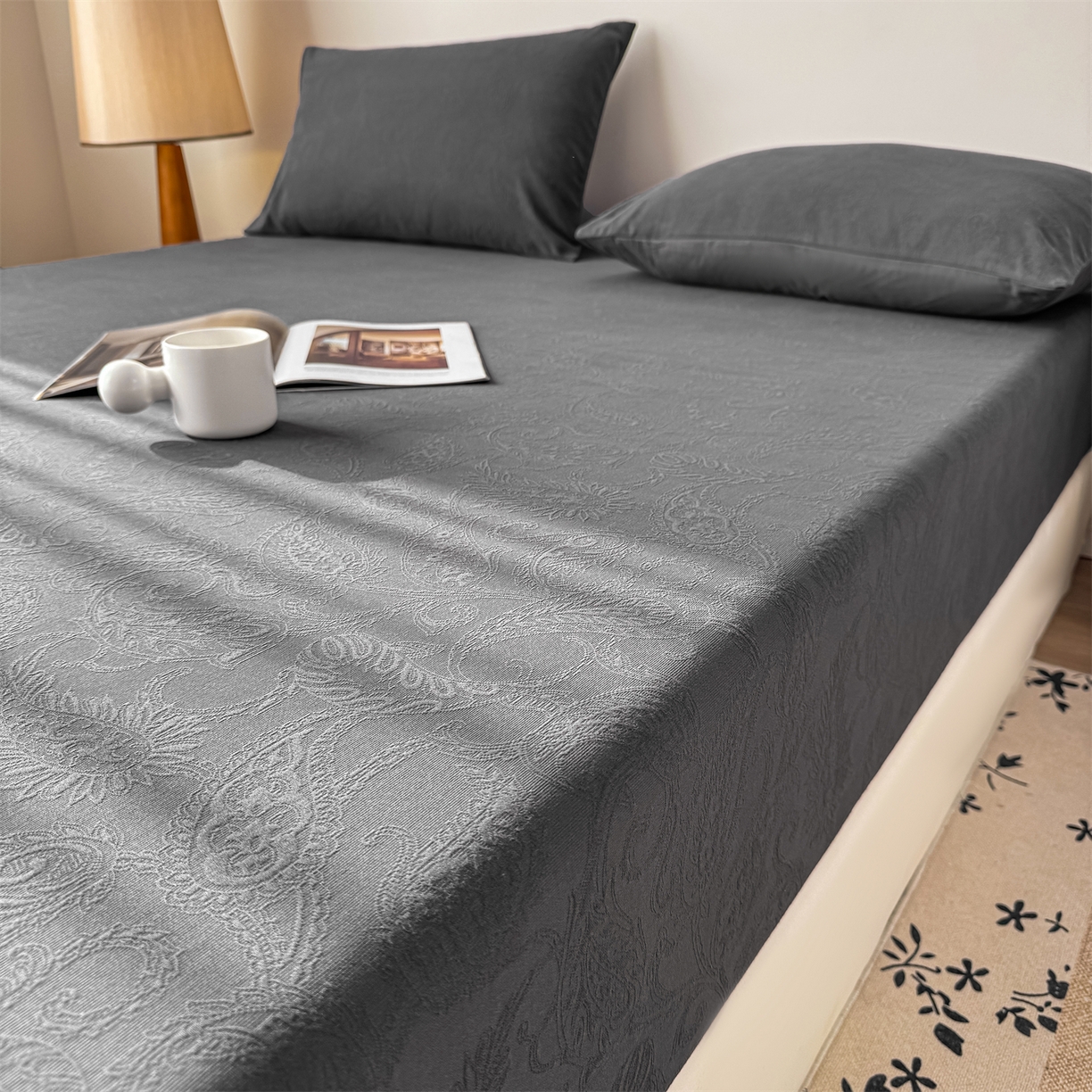 91家纺网 家纺一手货源 找家纺 灰鲸 2026新款全棉纯棉厚织三层水洗色织提花床笠单品床笠床笠单件 罗格西亚-素墨